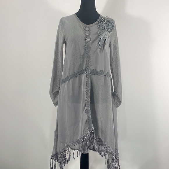 Pretty Angel Tunic,Dress,Fringe details,Sheer, Long Sleeve,Gray, Small,NWT - Picture 13 of 13